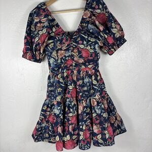 Gilner Farrar V Neck Rufled Short Sleeve Blue Multicolor Floral Mini Dress Xs